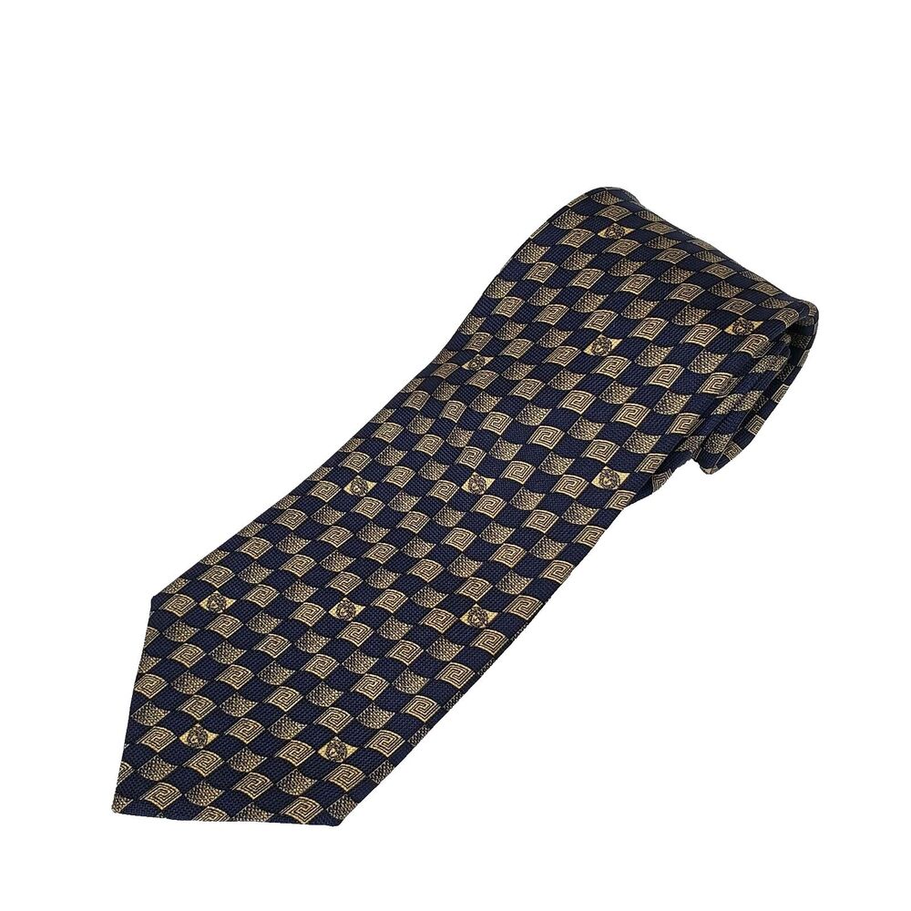 Versace 100% Silk Neck Tie Mens Blue Gold Check Medusa Made‎ in Italy